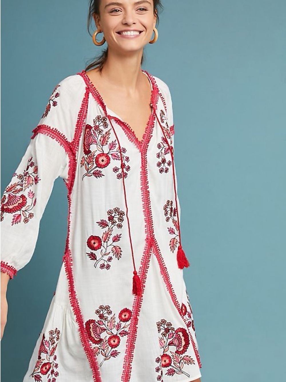 NWT Ranna Gill Hadley White Red Floral Embroidery Swing Dress Gauzy indie boho M